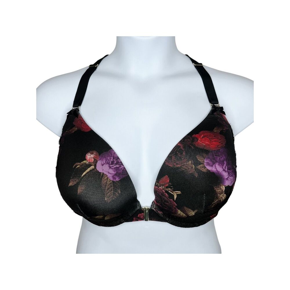 Cacique Boost Plunge Push Up Bra sz 44DD * Black Midnight Floral Racerback Lace